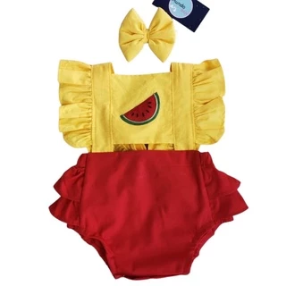 Romper Jardineira Melância com Laço Princesas Body Blogueira mesversário