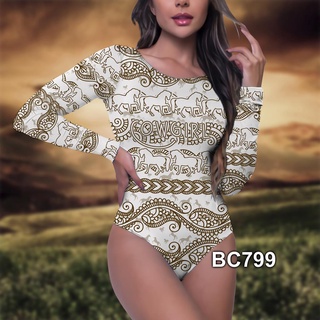 Body Manga Longa Feminino Simbolos Etnicos Dourados Cavalos BC799