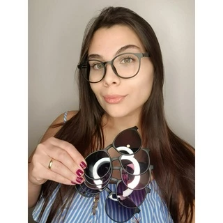 Armação De Óculos Para Grau Feminina Redondo Arizona Clipon 5 em 1 Preto