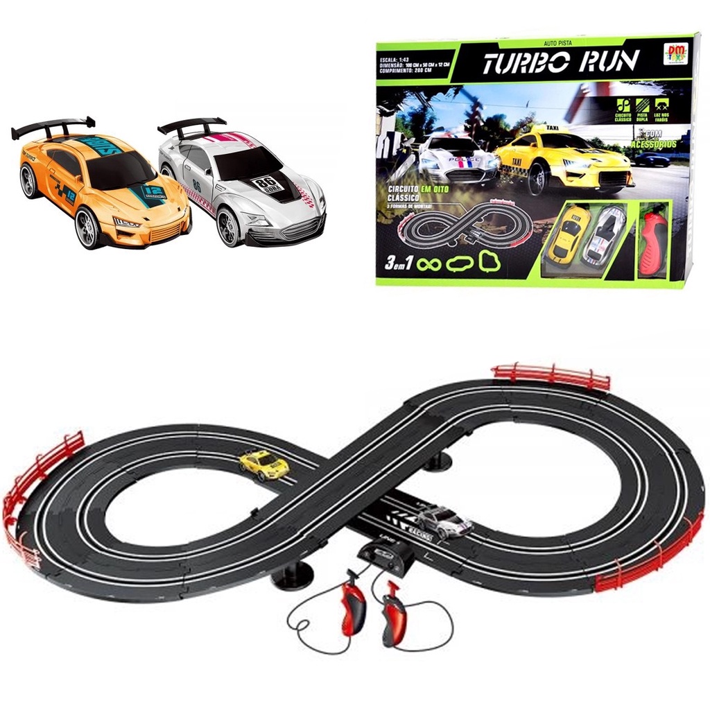 AUTORAMA PISTA DE CORRIDA COM DUPLO LOOPING 2 CARROS COM LUZ 3 EM 1 AUTO  PISTA ELETRICA TOP TURBO