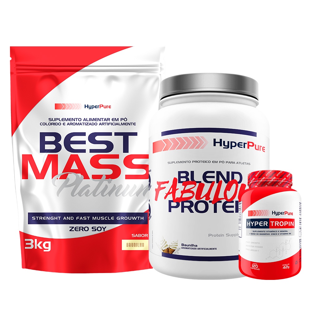 Kit Hipercalórico Best Mass 3kg + Whey Protein Fabulous Protein 2kg + Multivitamínico Hyper Tropin 120 Cáps – Hyperpure Para melhor desempenho do treino e ganho de massa