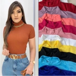 Blusa Feminina Canelada Gola Alta Manga Curta Blogueira
