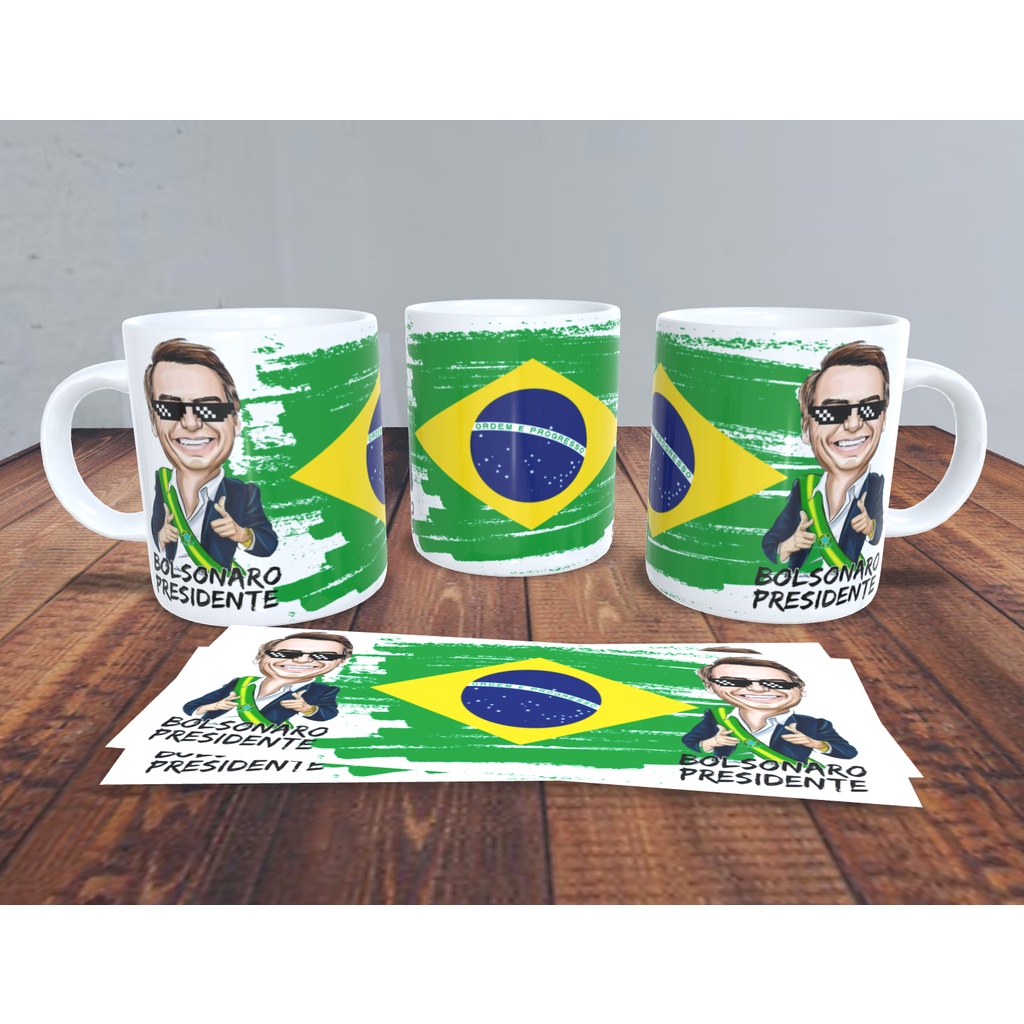 Caneca Porcelana Branca Brilhante Caricatura Bolsonaro Brasil