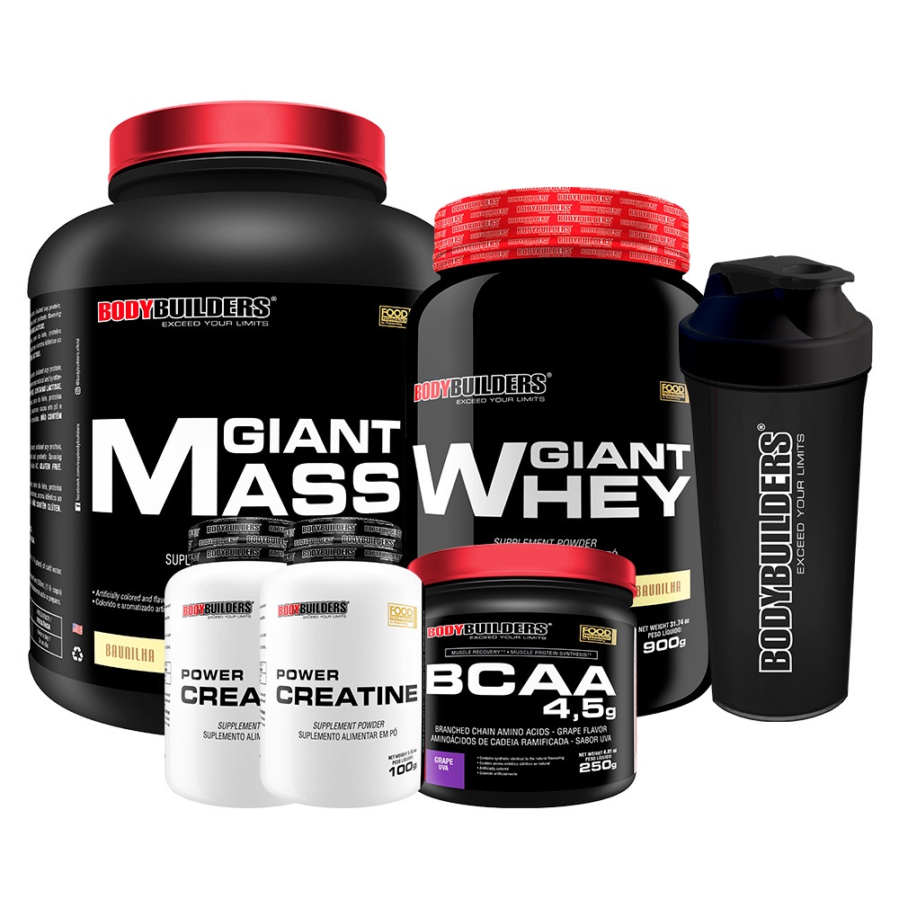 Kit Giant Mass 3kg, Giant Whey 900g, BCAA 4.5 250g, 2x Creatina 100g, Coqueteleira – Bodybuilders