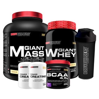 Kit Giant Mass 3kg, Giant Whey 900g, BCAA 4.5 250g, 2x Creatina 100g, Coqueteleira - Bodybuilders