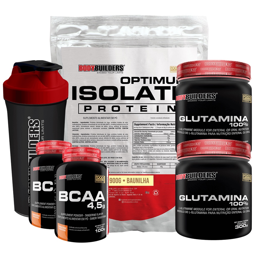 Kit Whey Optimum Isolate Protein 900g + 2x BCAA 4.5 100g + 2x Glutamina 100% 300g + Coqueteleira – Kit Para Ganho de Massa Muscular Magra – Bodybuilders