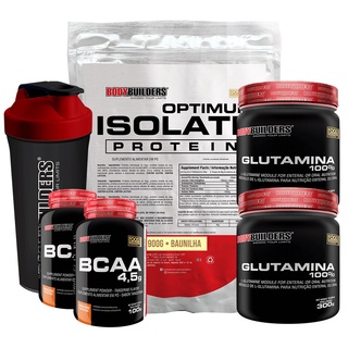 Kit Whey Optimum Isolate Protein 900g + 2x BCAA 4.5 100g + 2x Glutamina 100% 300g + Coqueteleira - Kit Para Ganho de Massa Muscular Magra - Bodybuilders