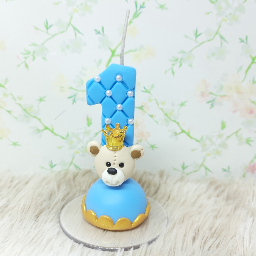 vela biscuit urso baloeiro Vela azul bb Base branca com azul bebe Aplique  balão branco azul bebe ursinho ocre idade 1 ano