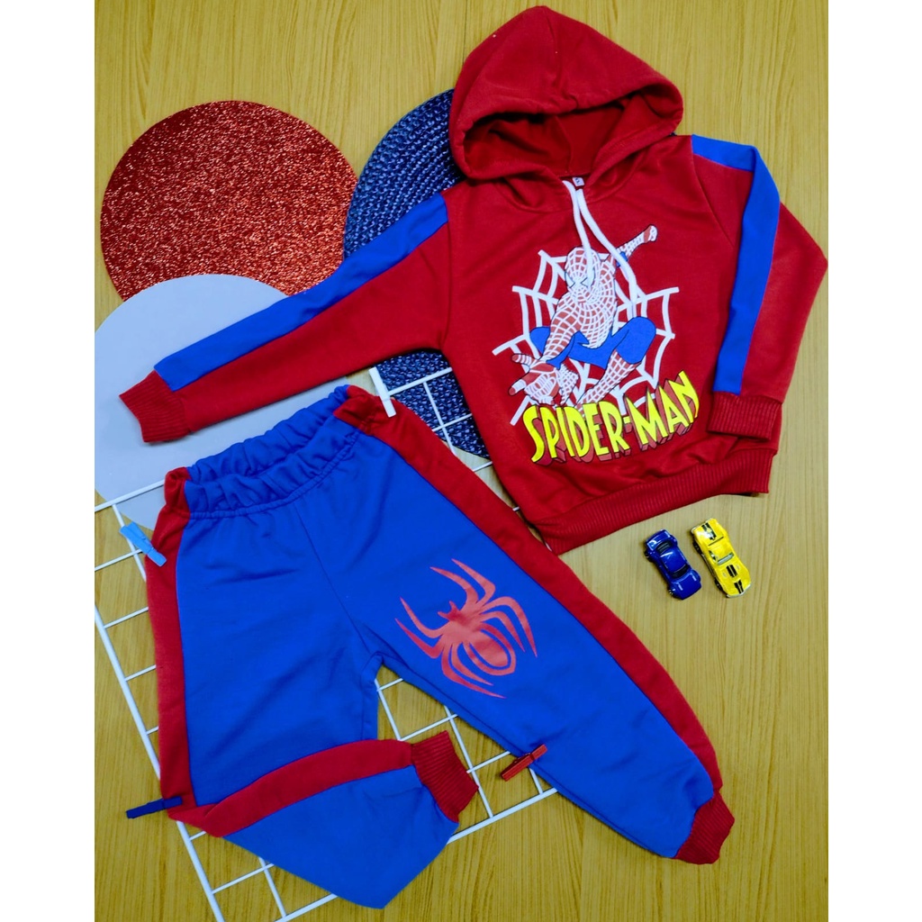 Roupa Infantil Conjunto Criança Masculino Menino de Inverno Calça + Casaco Homem Aranha Spider Man Peter Parker Anime Super Herói Marvel Infanto Juvenil Barato Pronta Entrega P M G GG (2 a 12 anos)