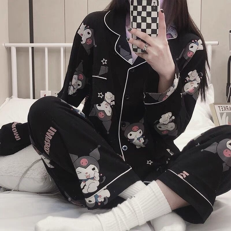 Pijama feminino Kuromi Sanrio primavera calças de manga comprida terno doce menina roupa de casa pode ser usado fora ccbzx.my