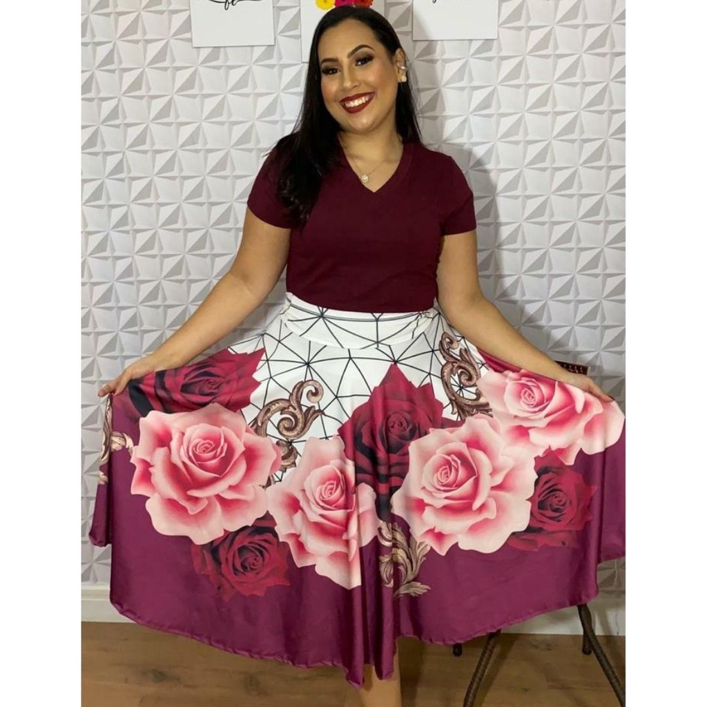 SAIA MIDI MARSALA ESTAMPADA P AO G3 MODA EVANGELICA FEMININA