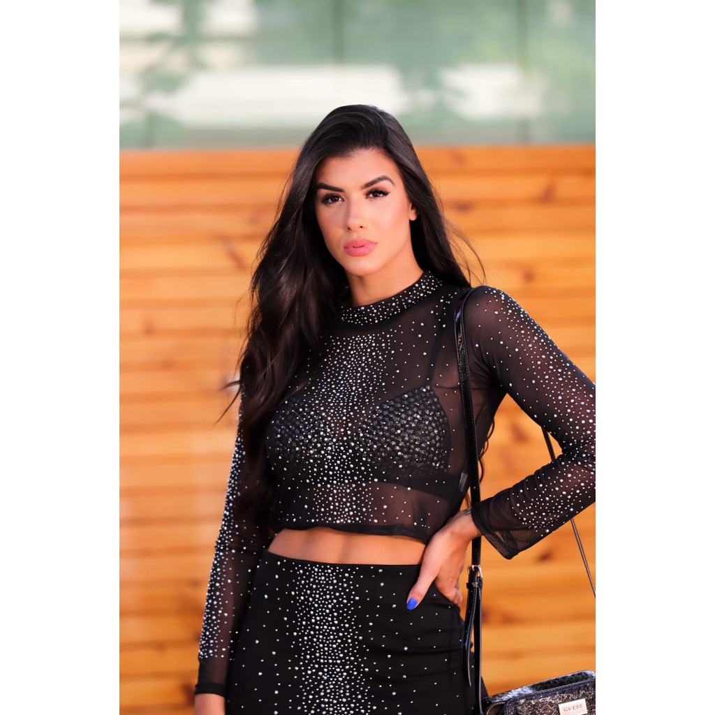 Cropped Premium de Tule com Cristais Cravejados