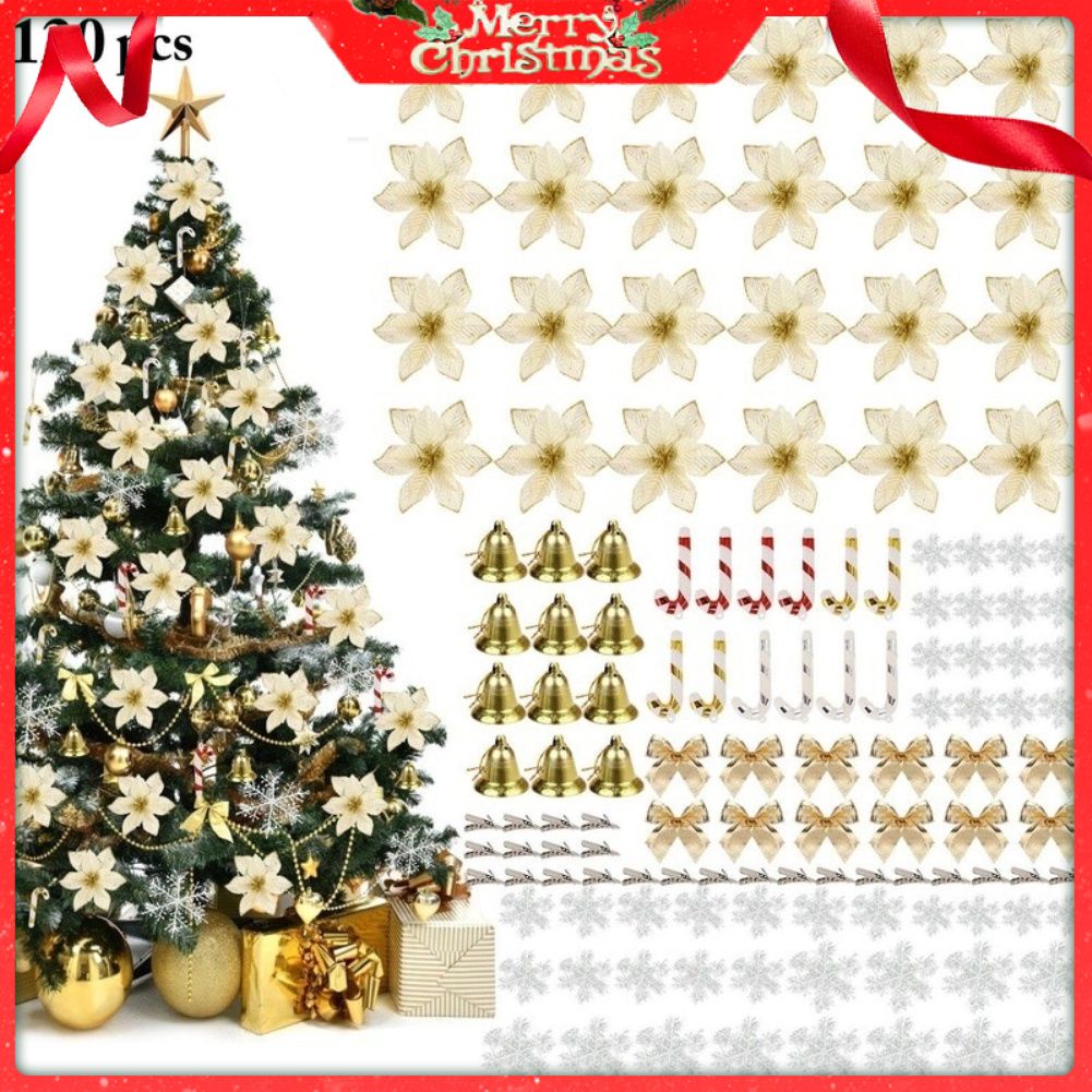 120pçs Enfeites de Natal/Árvore de Natal com Vermelha Champagne Kit Conjunto Enfeites de natal com Bolas/flores de árvore de Natal/Flocos de Neve/Laço/ Sinos/Pequenas Arrutches/ Presilhas Pequenas