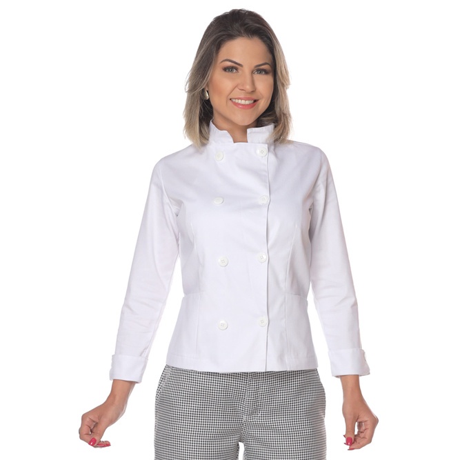 Dolmã chef de cozinha feminina branco em algodão