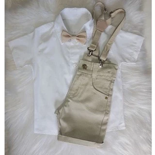 Conjunto infantil liso batizado nude camisa short suspensório e gravata premium luxo