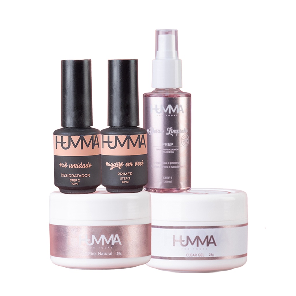 Kit Humma Gel Clear + Pink Natural 28g 3 Em 1 + Primer Ácido + Prep ...