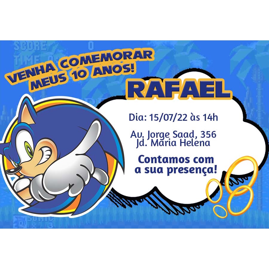 Convite C/10 Unid - Sonic Personalizado