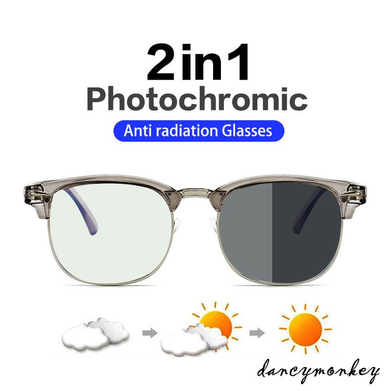 Fotocromáticas Anti Radiação Óculos Para Mulheres Homens Sun Adaptativo De Vidro-Blue Ray Transição Lente Luz Azul Do Computador Rodada De Metal Quadro Solar UV400 Auto Mudando De Cor Sol