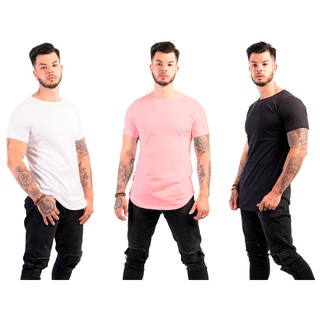 Kit 3 Camisetas Camisa Blusa Masculina Long Line Lisa Basica Swag