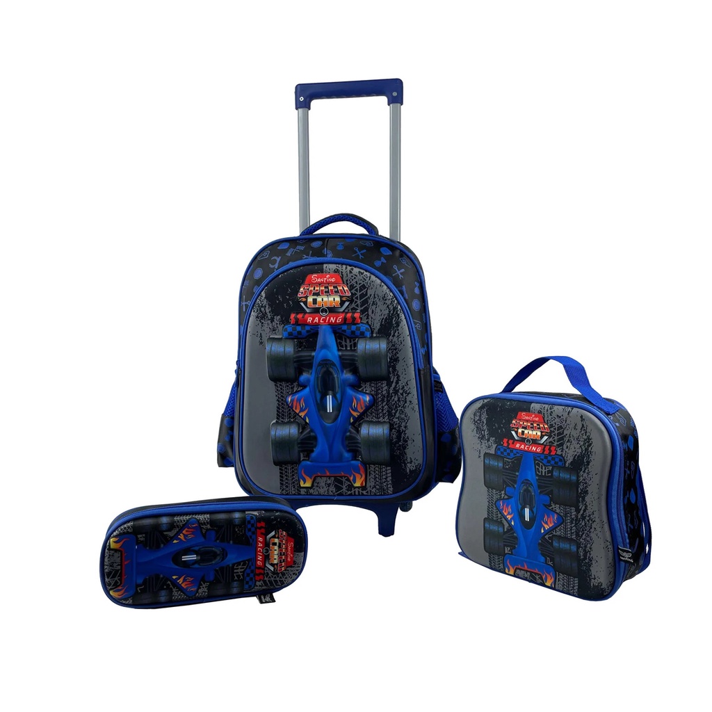 KIT MOCHILA ESCOLAR 2 RODAS LANCHEIRA E ESTOJO SPEED CAR | Shopee Brasil