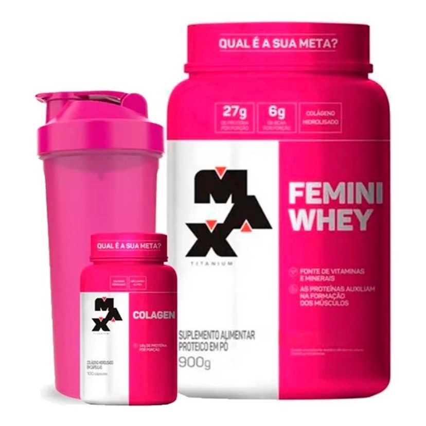 Femini Whey 900g + Colágeno 100 Cáps + Coqueteleira - Max Titanium