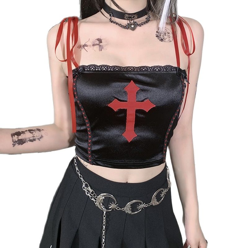 Punk Gothic Aesthetic Grunge Tank Mall Goth Women Alt Clothes Emo Red Cross  Print Harajuku Lace Streetwear Sexy Club Female Top | Shopee Brasil