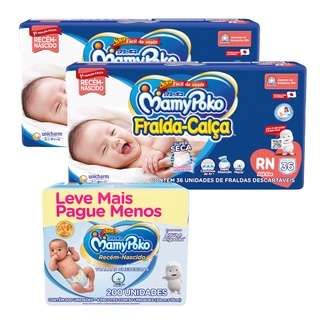 Kit 02 FRALDA CALÇA Descartável Mamypoko - RN c/72 Unds + Lenço Umedecido Recém Nascido Suave Agua e Algodão - 200 Unds