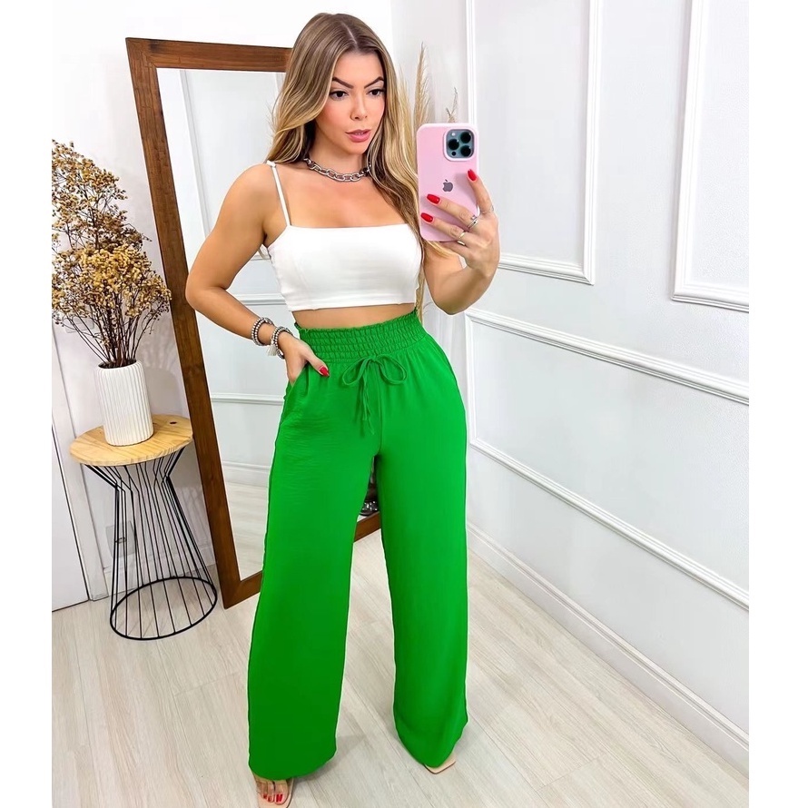 Calça Pantalona Feminina Elástico Na Cintura Com Bolso Cintura