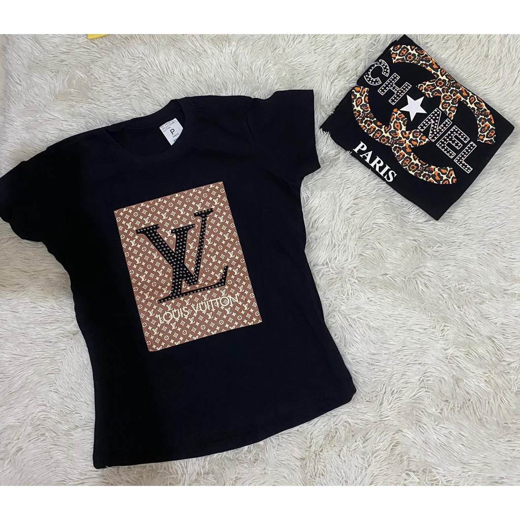 Camiseta T-shirt Feminina Louis Vuitton com pedraria