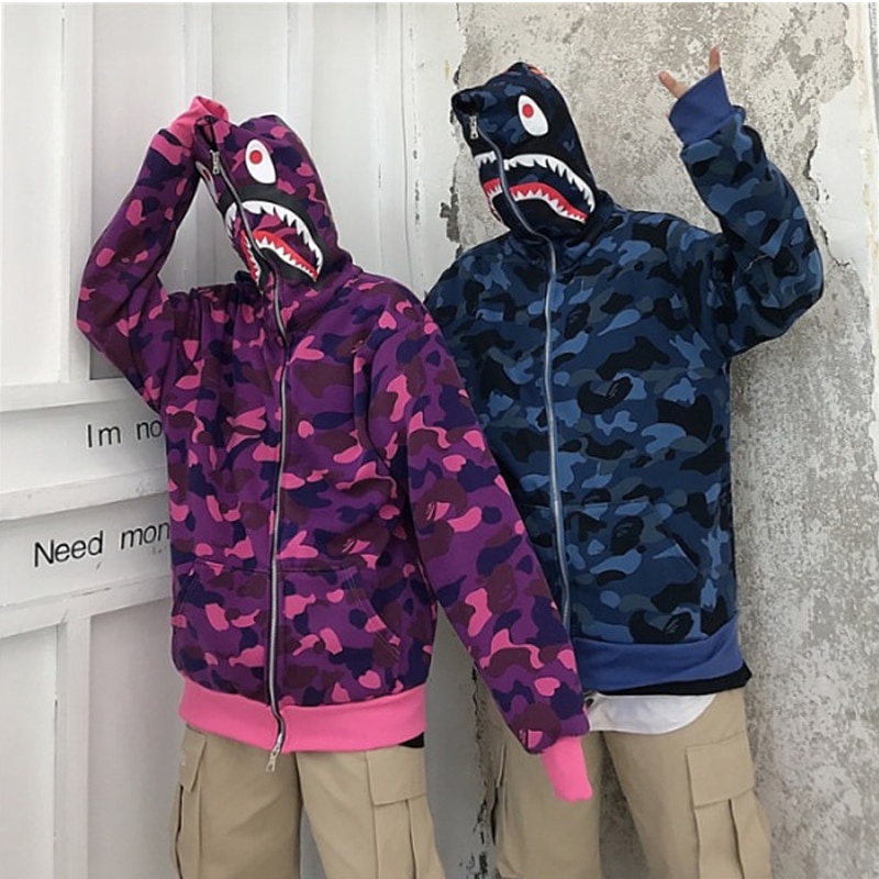 Casaco Com Capuz Cardigan Estampa Bape Shark Camuflado