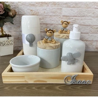 Kit Higiene Do Bebe Porcelana Com Bandeja Pinus E Nome Ursinho Aviador