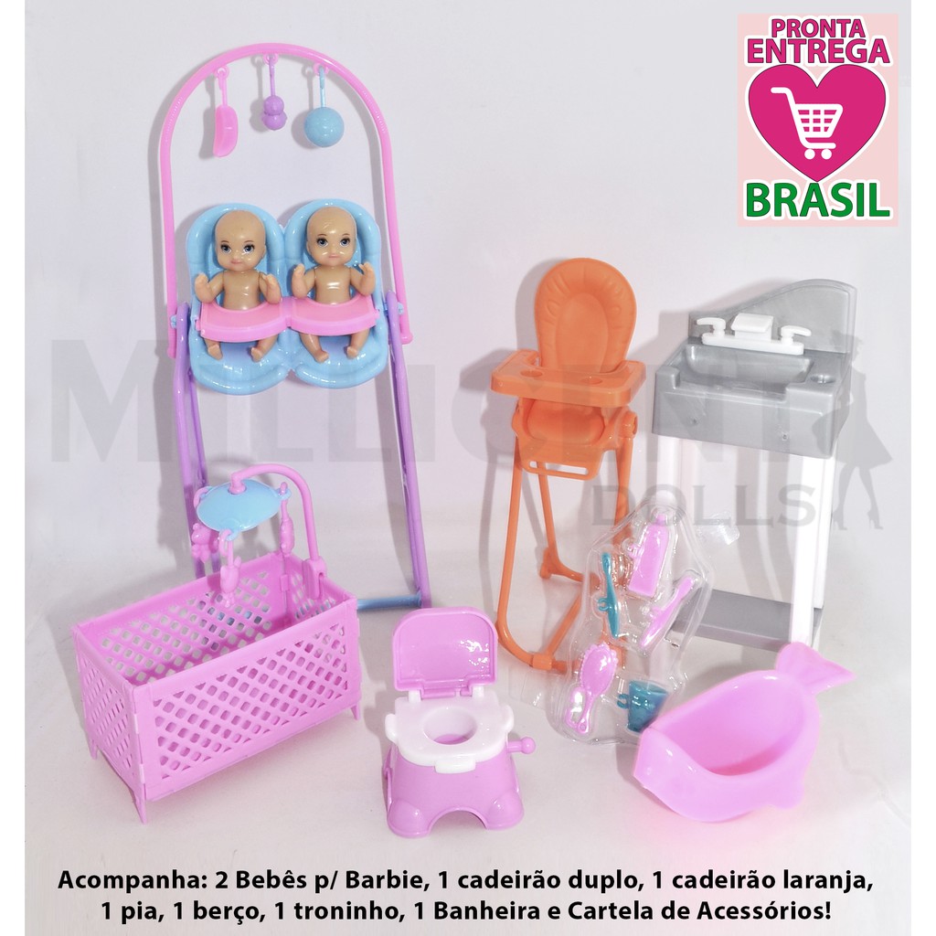 Boneca Grávida Estilo Barbie + 2 Bebês + Acessórios