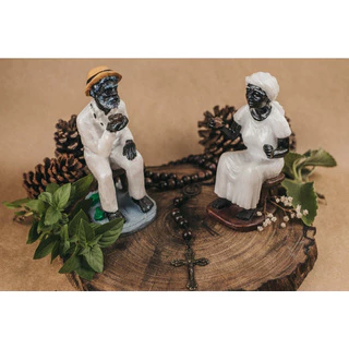 Escultura Imagem Casal De Pretos Velhos Resina 15 Cm