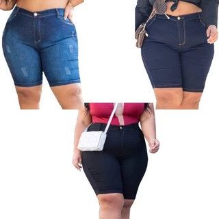 Kit 3 Bermudas Jeans Feminina Plus Size Até o Joelho 48 50 52 54 56