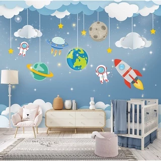 Papel de Parede Infantil Tema Espaço Astronauta Quarto de Bebê e Menino