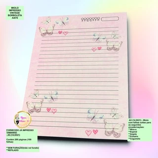 100 Folhas - Miolo Impresso Caderno / Diario / Bloco / Papel Carta (refil) A5