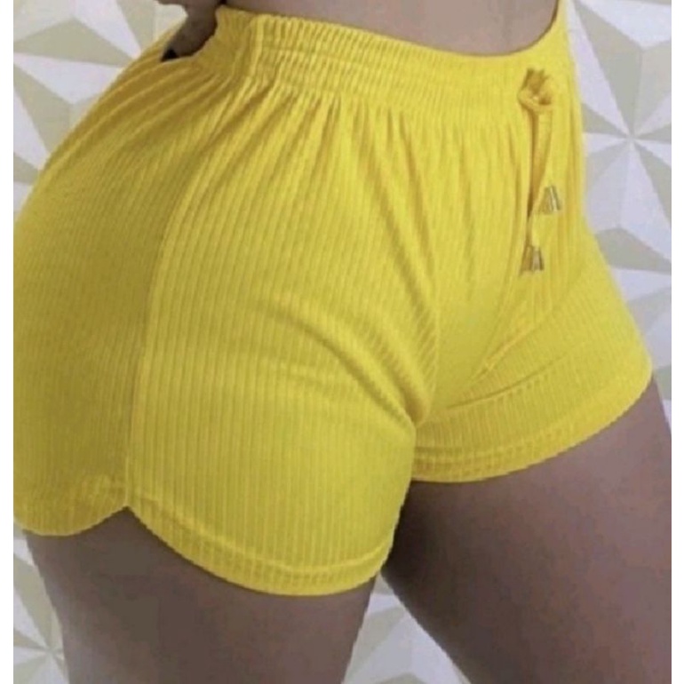 Shorts Feminino Malha Canelada Com E Elastico Ajuste Na Cintura Recorte Na Brarra.