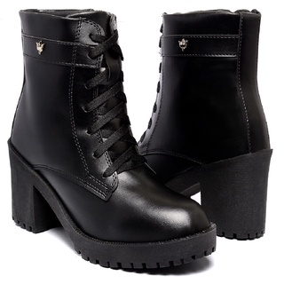 Bota Preta Coturno Feminino Cano Curto Salto Médio Tratorado Com Zíper e Cadarço