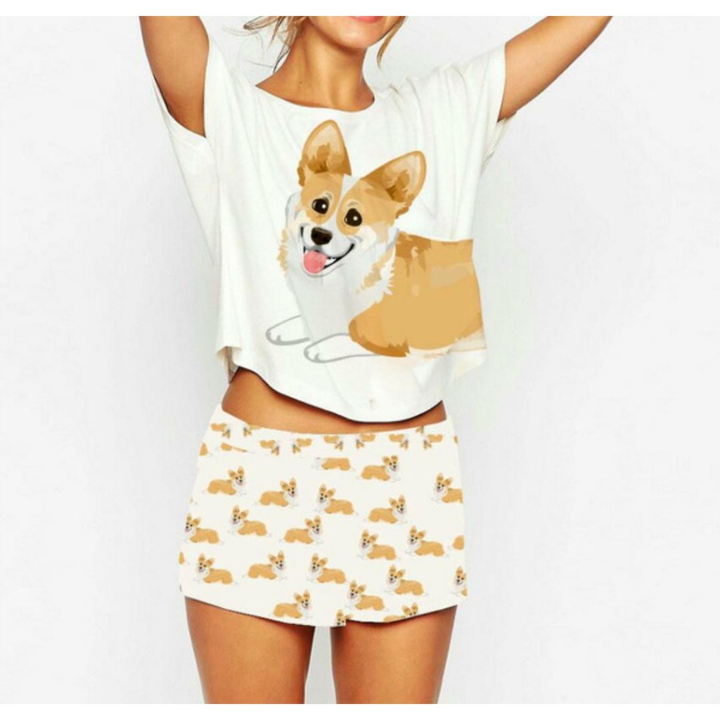 Conjunto de pijamas e top Corgi Impressão de desenho animado