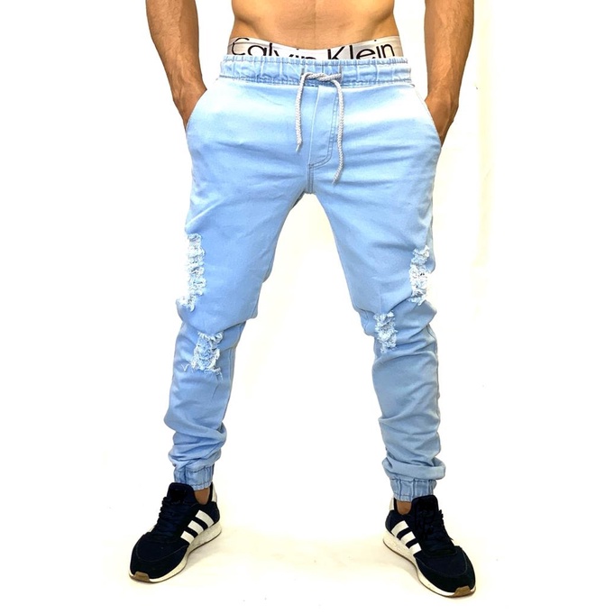 calças jeans rasgada claro sarja premium masculina jogger lançamento  bermudaria f & c