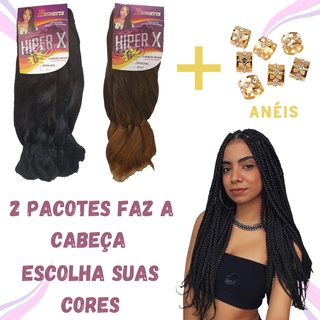 Kit 2 Pacotes Cabelo Jumbo Jumbão Hiper X 400 Gramas Fibra Especial Para Tranças + Anéis de Enfeite
