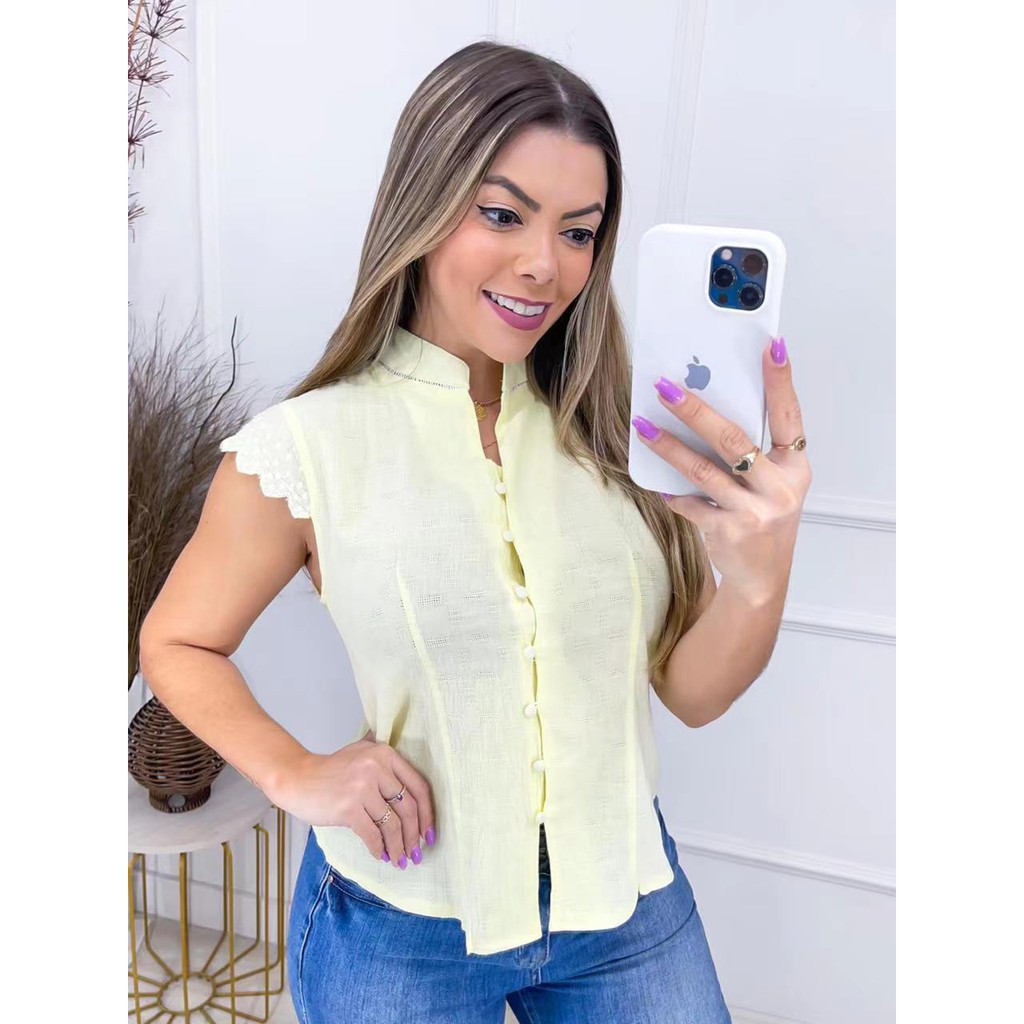 BLUSA CAMISA MODA FEMININAS LISA MANGA CURTA RENDA NO MANGUITO