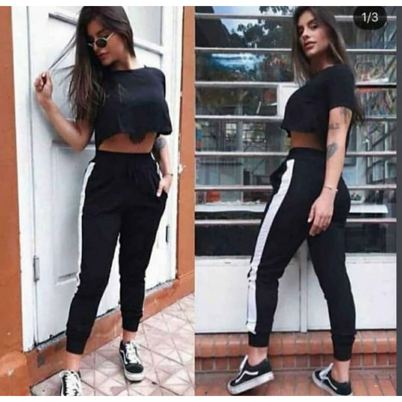 Calça jogger feminina preta com cheap listra branca