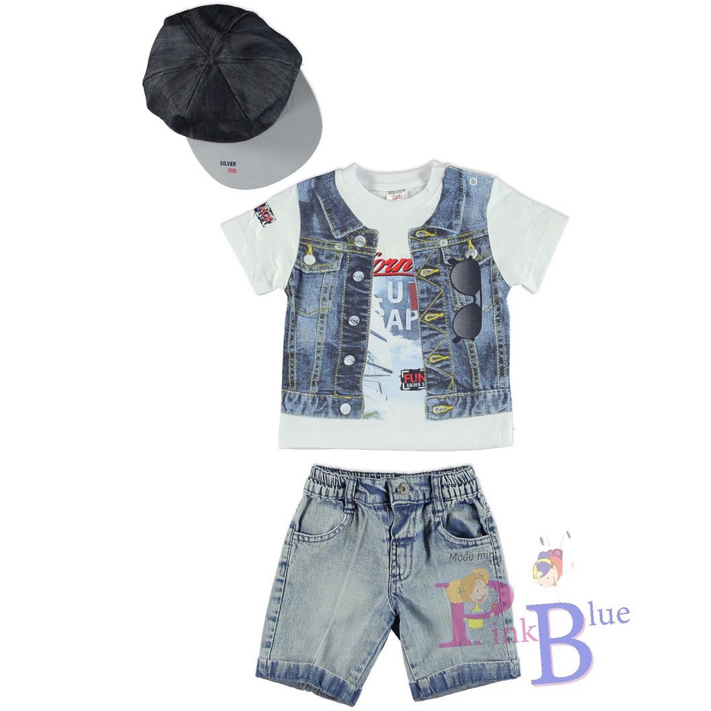 Conjunto de camiseta colete , short jeans e boné Silver kids