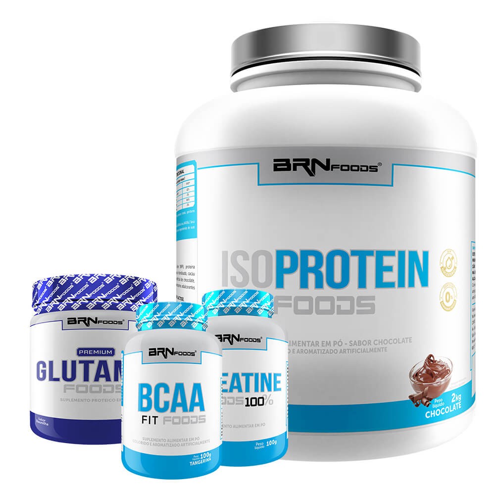 Kit Whey Protein Iso Protein Foods 2kg + Creatina 100% Pura 100g + BCAA 120 Caps + Glutamina 250g – BRNFOODS