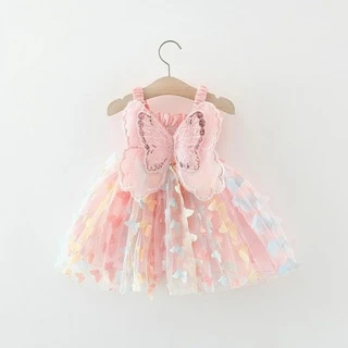 Ano Novo ! Vestido De Verão Bebê Cor-De-Rosa Borboleta Doce Festa De Casamento Menina Para Crianças (0-3 Anos De Idade)