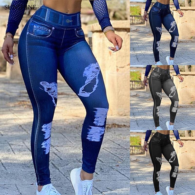 Calças jeans femininas plus size Respirável Imitação De Jeans Leggings  Mulheres Zipper Impressão Faux Denim Longo Para O Esportes