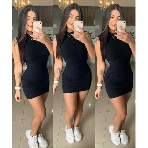 Vestido canelado hot sale curto preto