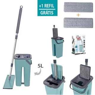 Rodo Vassoura Mop Flat Para Limpeza De Piso com balde centrífuga refil lavável + 1 Refil Brinde