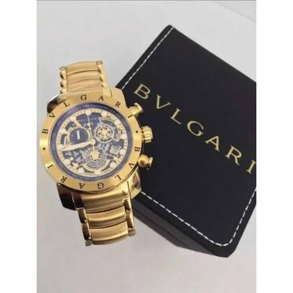 Rel Gio Bvlgari Skeleton Dourado Fundo Azul Shopee Brasil